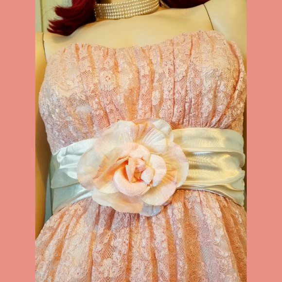 Retro Glam Coquette Pink Chantilly Lace Strapless Sweetheart Prom Party Dress - Picture 2 of 9